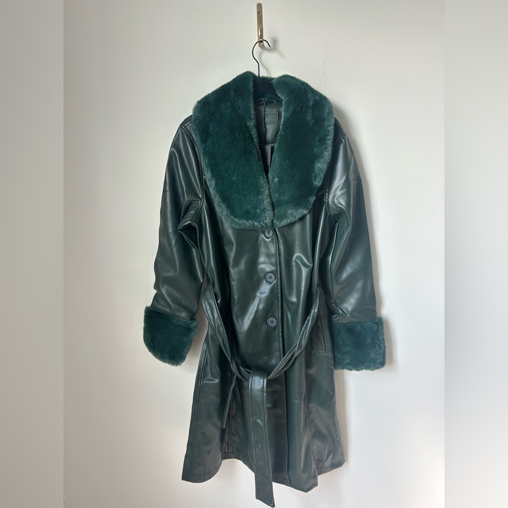 Dark Green Faux Fur Trim Leather Coat